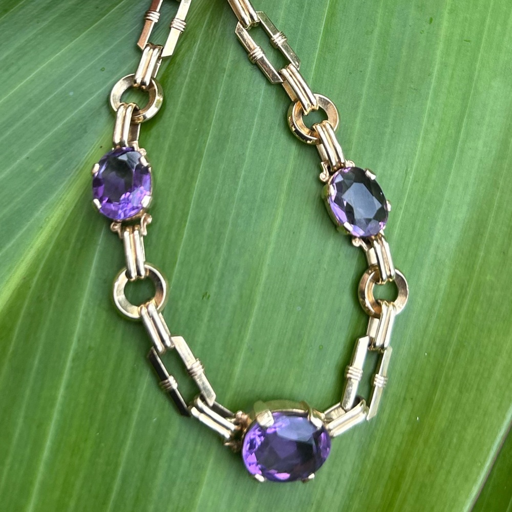 Vintage 14k yellow & rose gold amethyst purple gemstone link bracelet 7”12gram